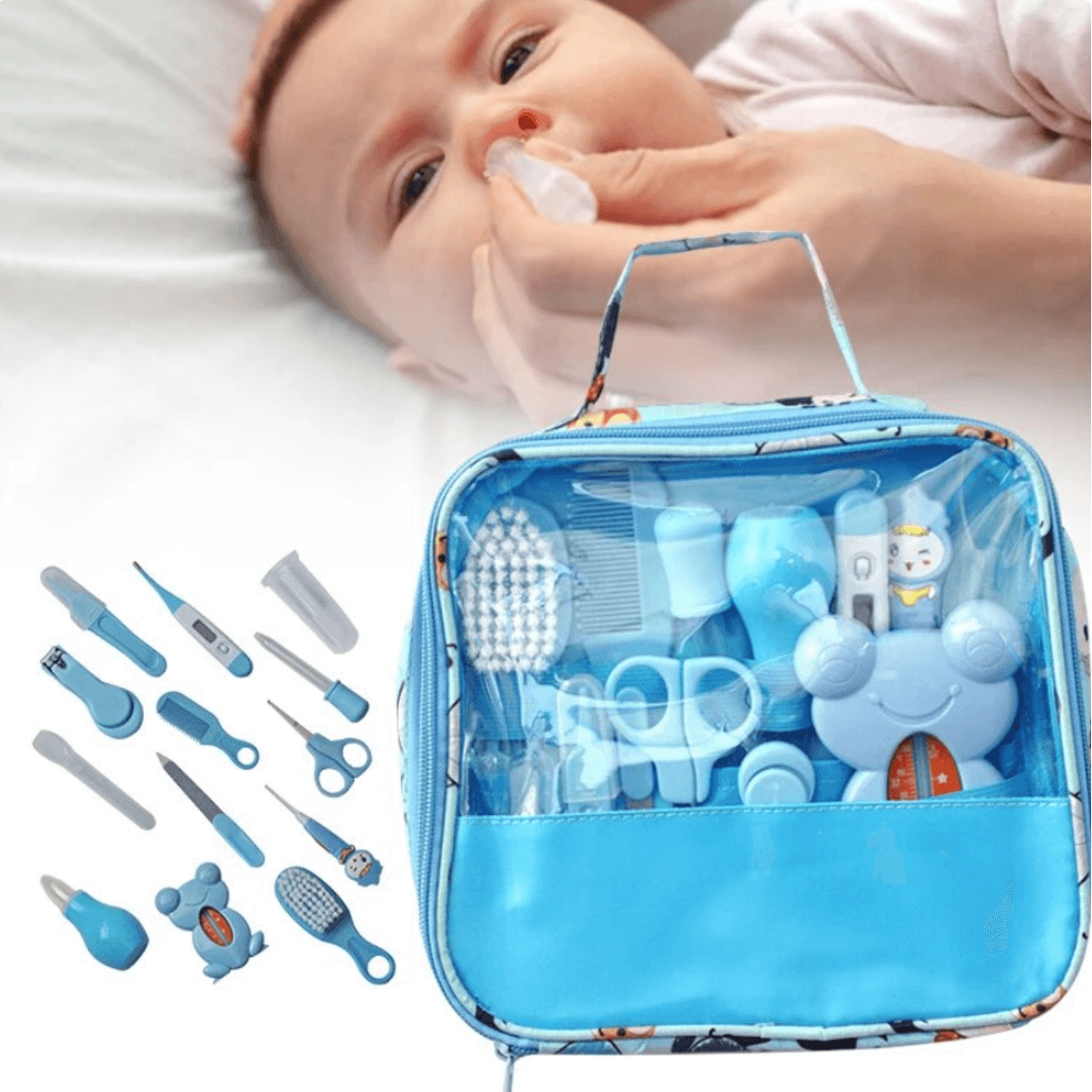 Trousse de soins bébé bleue : 13 pièces pour le confort de votre petit rayon de soleil